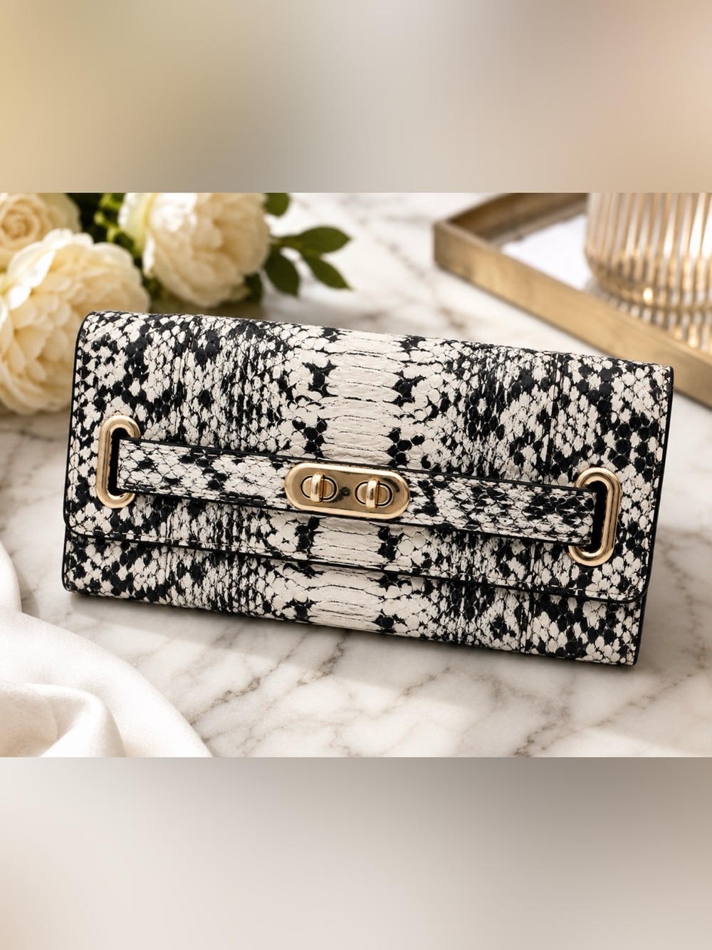 Coach Swagger Python Embossed Leather Double Turnlock Wallet Black White